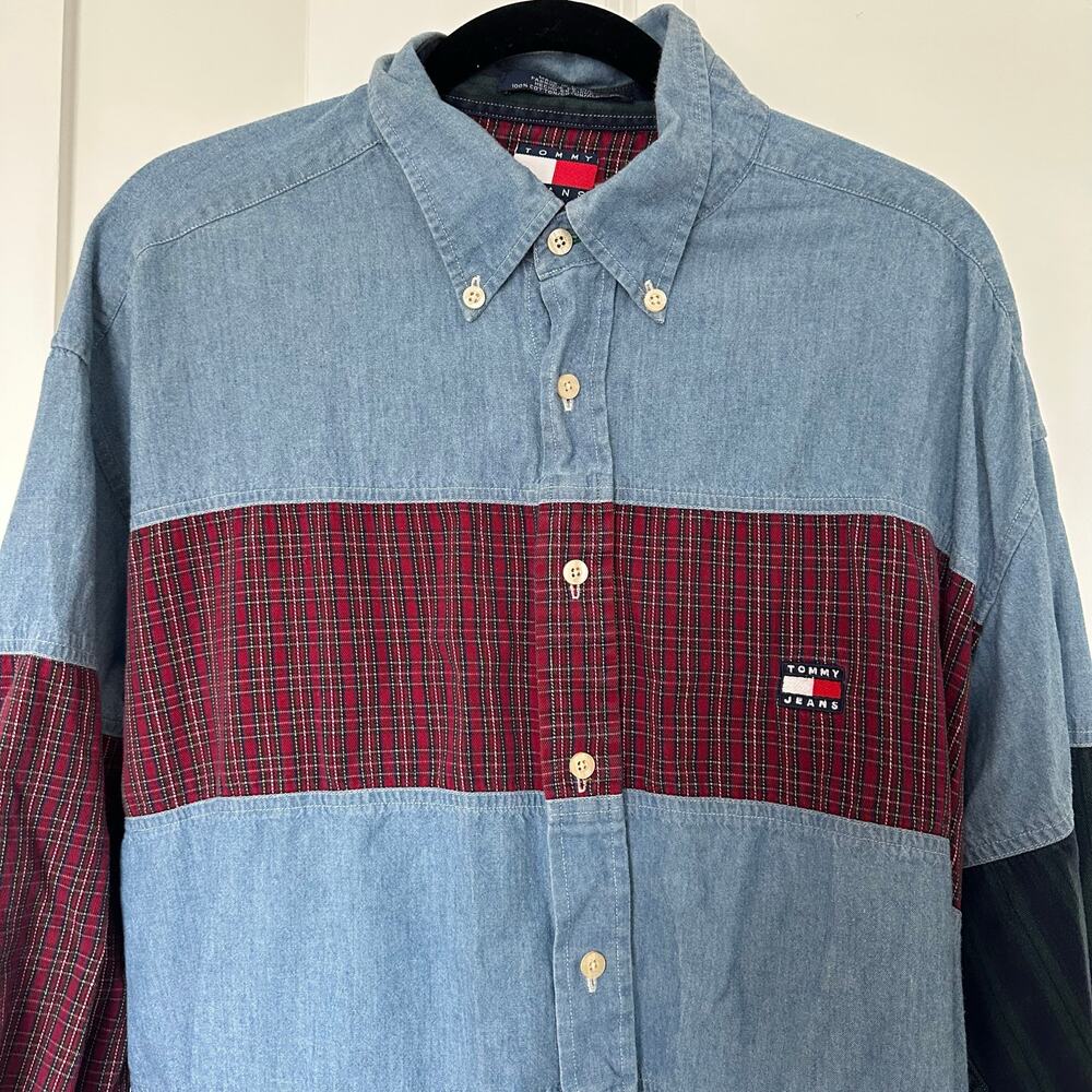 Tommy Hilfiger (L) VTG 90’s Patchwork Denim Button Up Logo Shirt Y2K - Picture 3 of 5